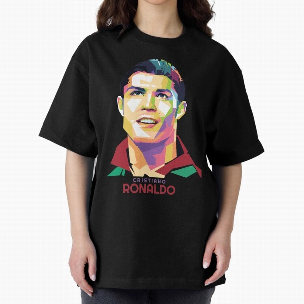 Geometric Celebrity Cristiano Ronaldo Oversized T-Shirt Celebrate Football Dreams Across FIFA World Cup 2026 for Fans of Cristiano Ronaldo, Haaland and CR7 and Argentina and Brazil, Bringing Worldwide Fan Energy, Dramatic Goals, Stadium Lights and