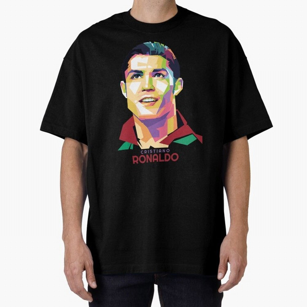 Geometric Celebrity Cristiano Ronaldo Oversized T-Shirt Celebrate Football Dreams Across FIFA World Cup 2026 for Fans of Cristiano Ronaldo, Haaland and CR7 and Argentina and Brazil, Bringing Worldwide Fan Energy, Dramatic Goals, Stadium Lights and