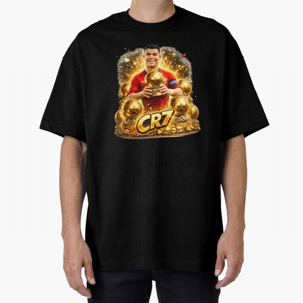 CR7 Five Ballon d'Or Trophies Cartoon ¨C Football Legend Illustration Oversized T-Shirt Remember the FIFA World Cup 2026 Journey through CR7 and Messi Highlights, France and Portugal Pride, Championship Spirit, Famous Goals, Roaring Crowds and