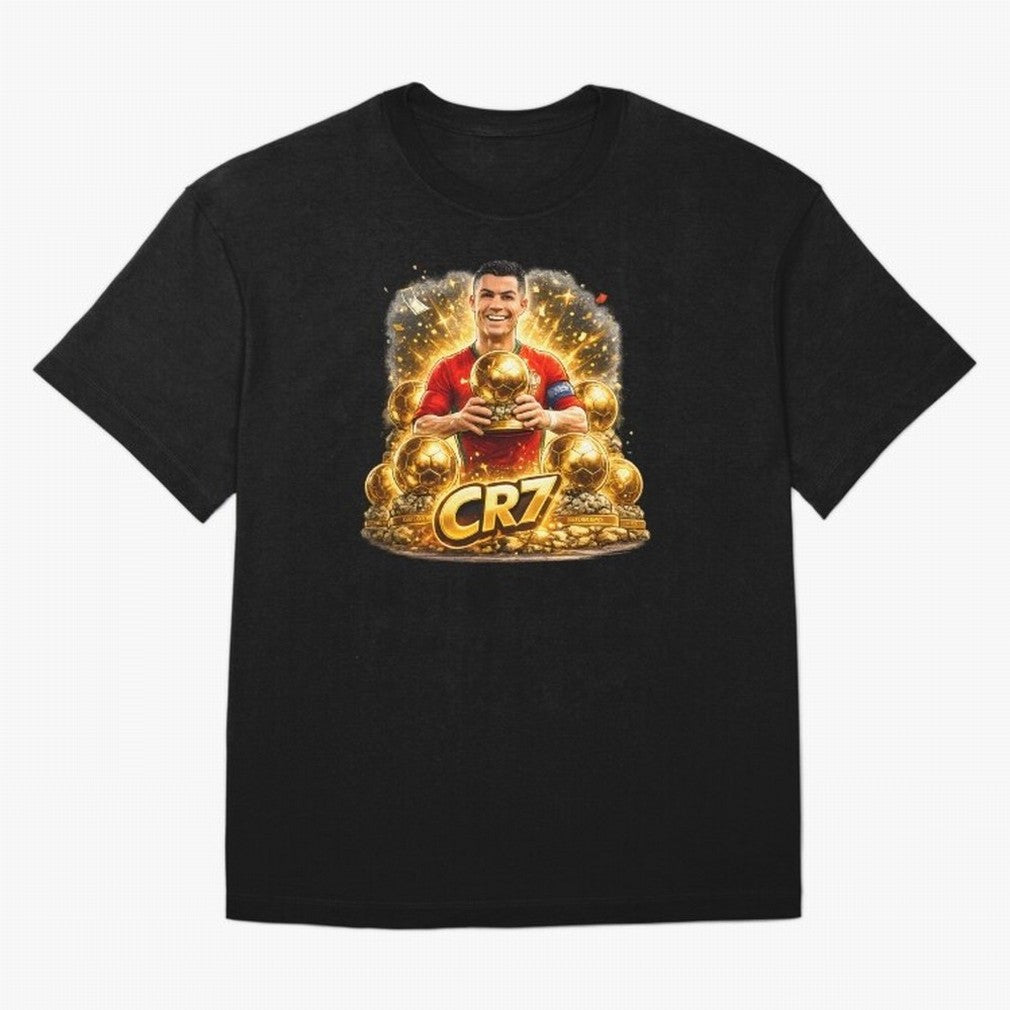 CR7 Five Ballon d'Or Trophies Cartoon ¨C Football Legend Illustration Oversized T-Shirt Remember the FIFA World Cup 2026 Journey through CR7 and Messi Highlights, France and Portugal Pride, Championship Spirit, Famous Goals, Roaring Crowds and