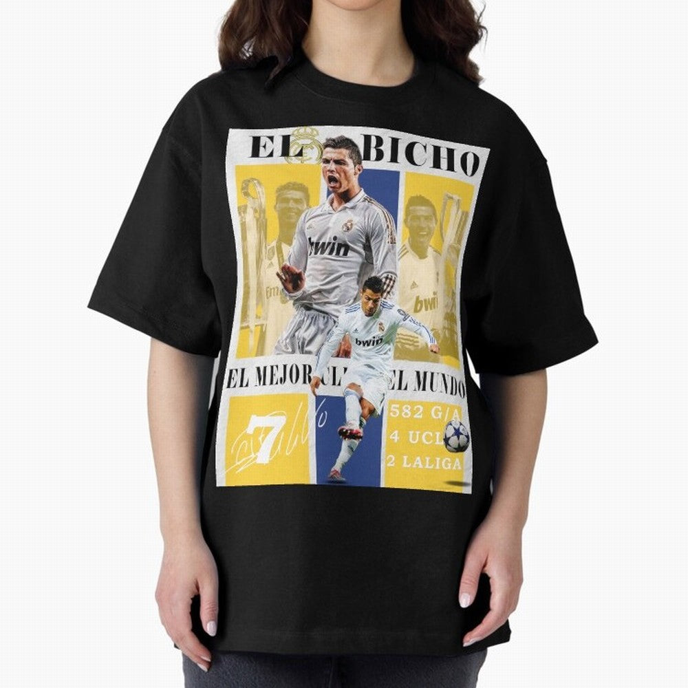 Cristiano Ronaldo Real Madrid Wall Art Oversized T-Shirt Celebrate Fan Favorites in Match Day Hype around FIFA World Cup 2026 USA Canada Mexico, Neymar, Haaland and Cristiano Ronaldo, Portugal, Spain and Germany, Worldwide Fan Energy, Dramatic