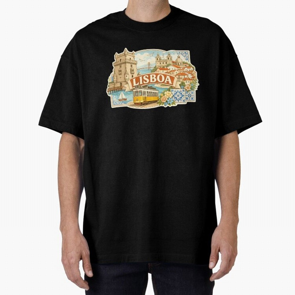 Vintage Tram Lisbon Illustration Oversized T-Shirt Make the Season About Match Day Hype around FIFA World Cup 2026 USA Canada Mexico, Haaland and Mbappe, England, Retro Football Energy, Iconic Rivalries, Trophy Chase Drama and Stadium Atmosphere;