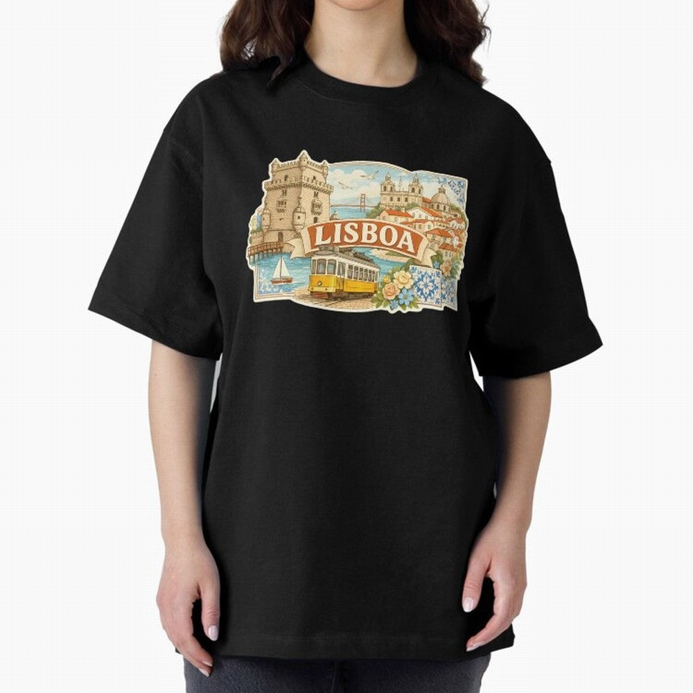 Vintage Tram Lisbon Illustration Oversized T-Shirt Make the Season About Match Day Hype around FIFA World Cup 2026 USA Canada Mexico, Haaland and Mbappe, England, Retro Football Energy, Iconic Rivalries, Trophy Chase Drama and Stadium Atmosphere;