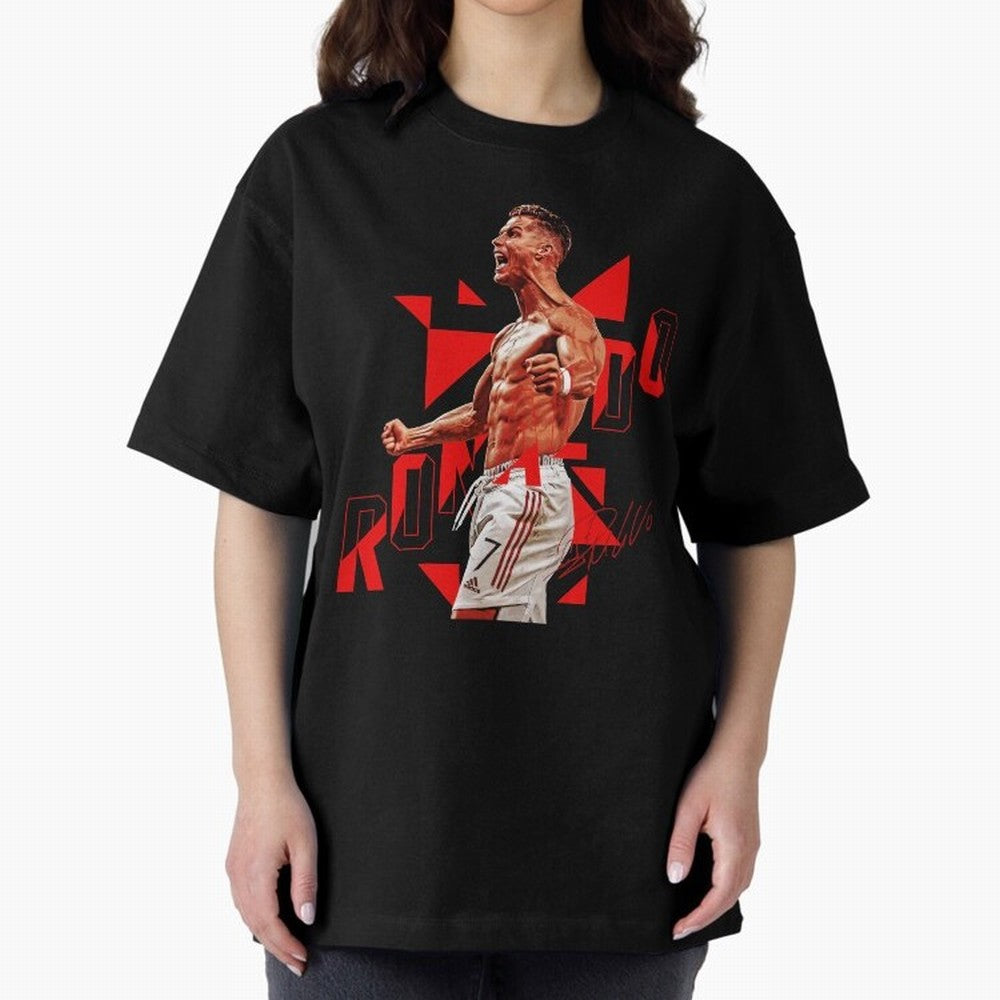 Cristiano Ronaldo Oversized T-Shirt Bring Champion Energy into Global Football Passion for FIFA World Cup 2026 Group Stage, Highlighting Haaland and Mbappe, France, Retro Football Energy, Iconic Rivalries, Trophy Chase Drama and Stadium Atmosphere;