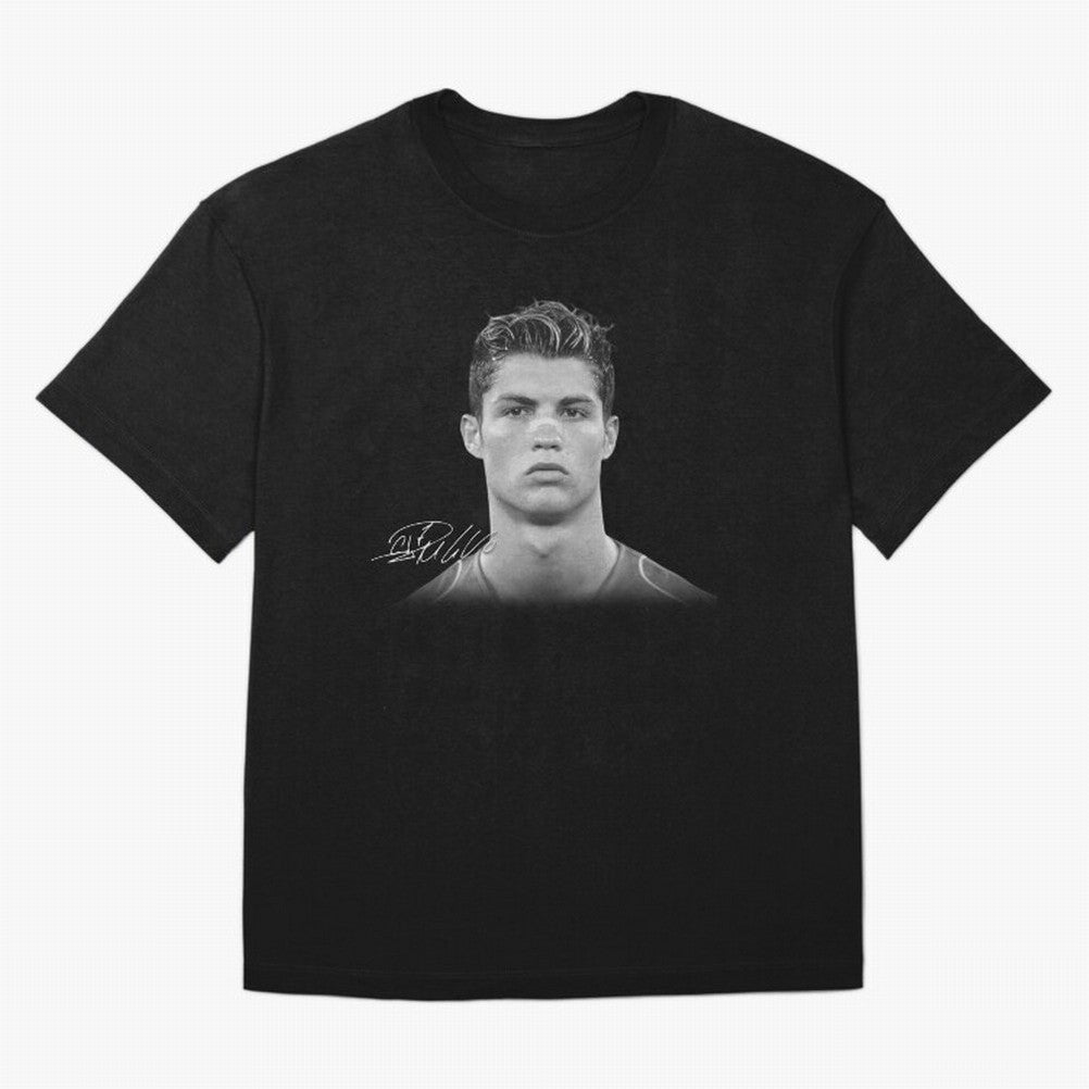 Cristiano Ronaldo T-Shirt Big Face Young Ronaldo - Black and White Oversized T-Shirt Celebrate National Team Dreams in FIFA World Cup 2026 Group Stage with Messi, Brazil, Portugal and Argentina Energy, Goal Celebration Energy, Supporter Heritage,