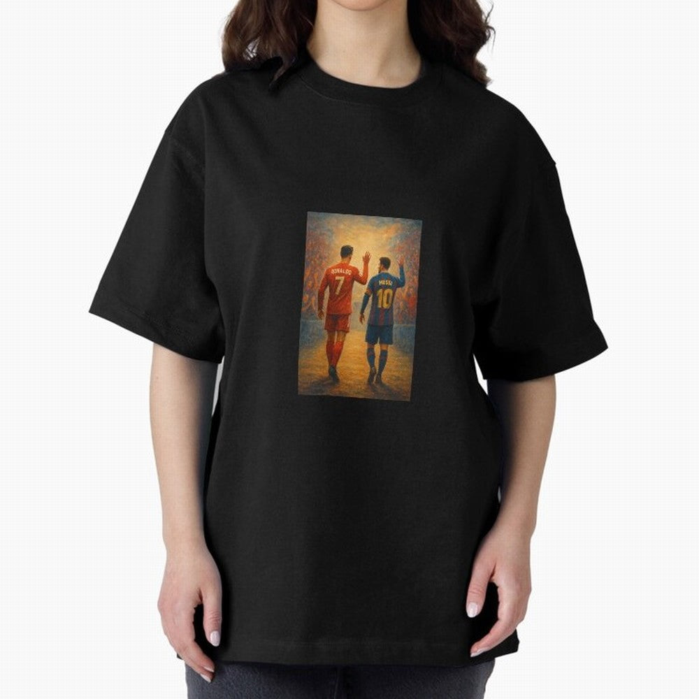 Cristiano Ronaldo and Messi Art Sticker Oversized T-Shirt Create FIFA World Cup 2026 Centered on Messi, CR7 and Mbappe, Portugal Energy, Football Festival Excitement, Trophy Ambitions, Country Rivalries and Star Player Buzz; Created for Match Day