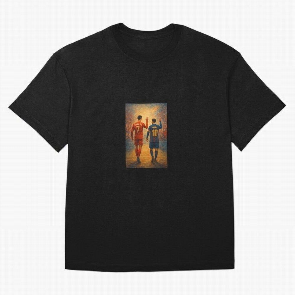Cristiano Ronaldo and Messi Art Sticker Oversized T-Shirt Create FIFA World Cup 2026 Centered on Messi, CR7 and Mbappe, Portugal Energy, Football Festival Excitement, Trophy Ambitions, Country Rivalries and Star Player Buzz; Created for Match Day