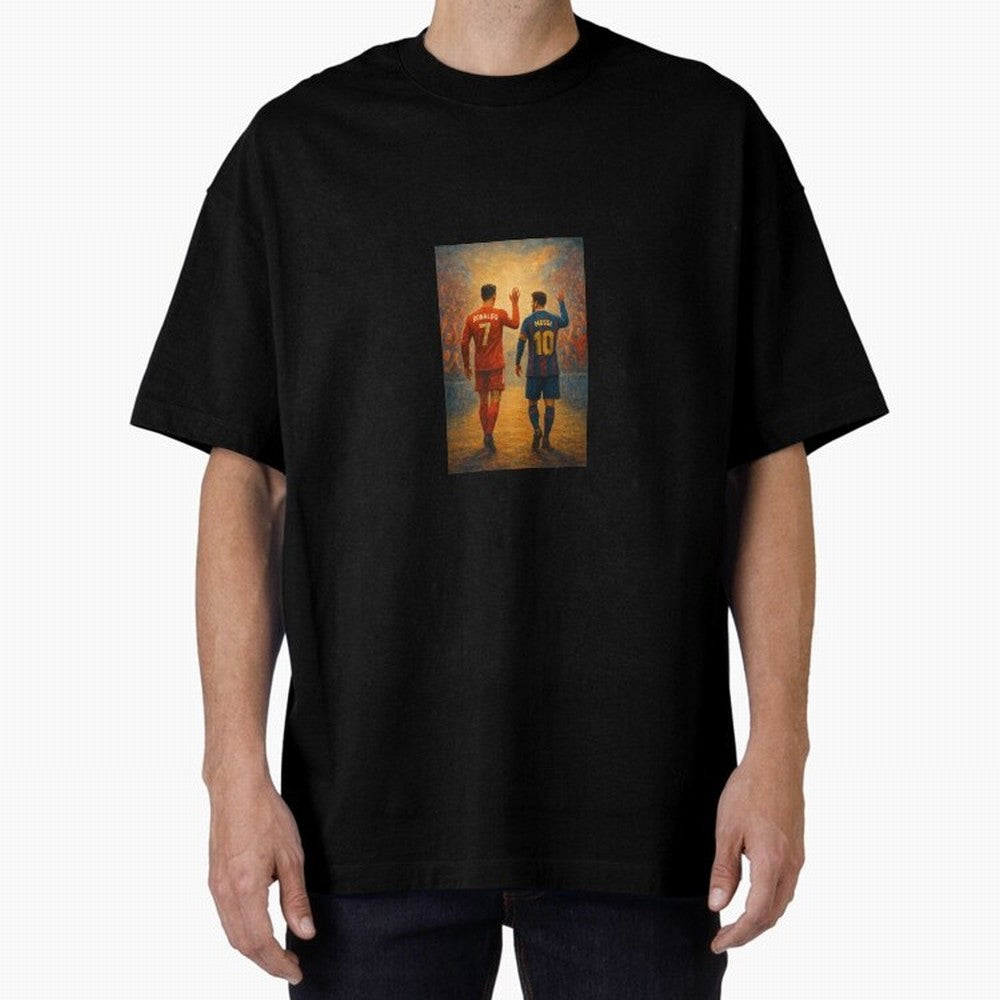 Cristiano Ronaldo and Messi Art Sticker Oversized T-Shirt Create FIFA World Cup 2026 Centered on Messi, CR7 and Mbappe, Portugal Energy, Football Festival Excitement, Trophy Ambitions, Country Rivalries and Star Player Buzz; Created for Match Day