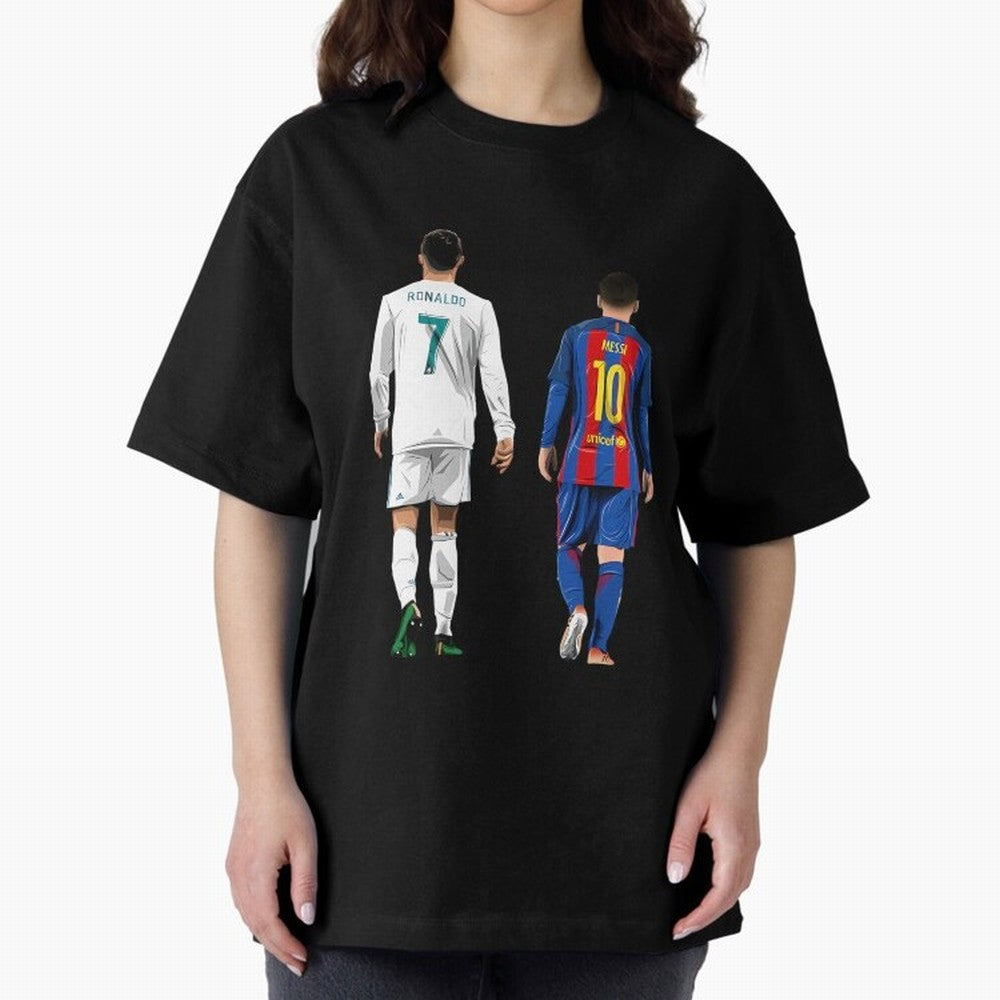 Cristiano Ronaldo And Messi Oversized T-Shirt Show Match Day Excitement for Global Football Passion for FIFA World Cup 2026 Group Stage, Capturing Haaland and Mbappe, Argentina, France and Brazil, Vintage Soccer Flavor, Modern Football Stars,