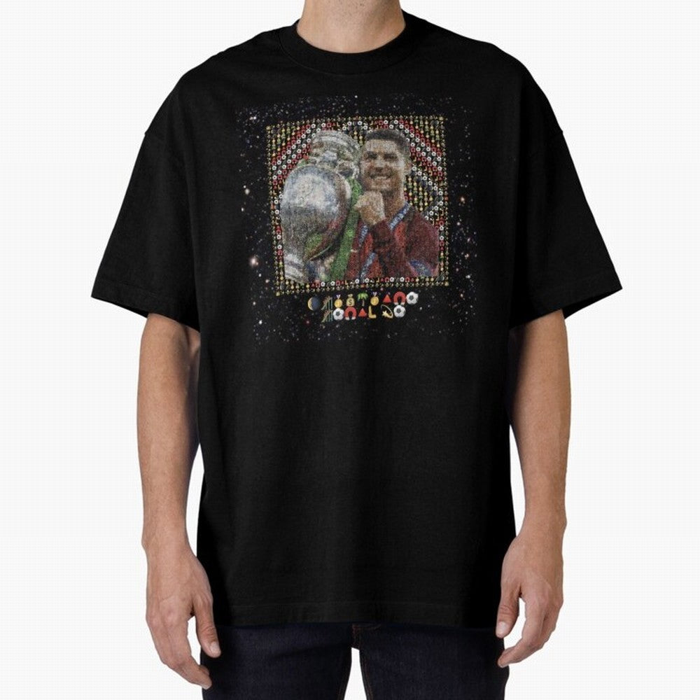 Cristiano Ronaldo Inspired Emoji Mosaic Art ¨C Football Champion Trophy Tribute Poster Oversized T-Shirt Step into FIFA World Cup 2026 USA Canada Mexico Spirit, Filled with Portugal, Spain and Germany, Messi and Cristiano Ronaldo, Football Festival