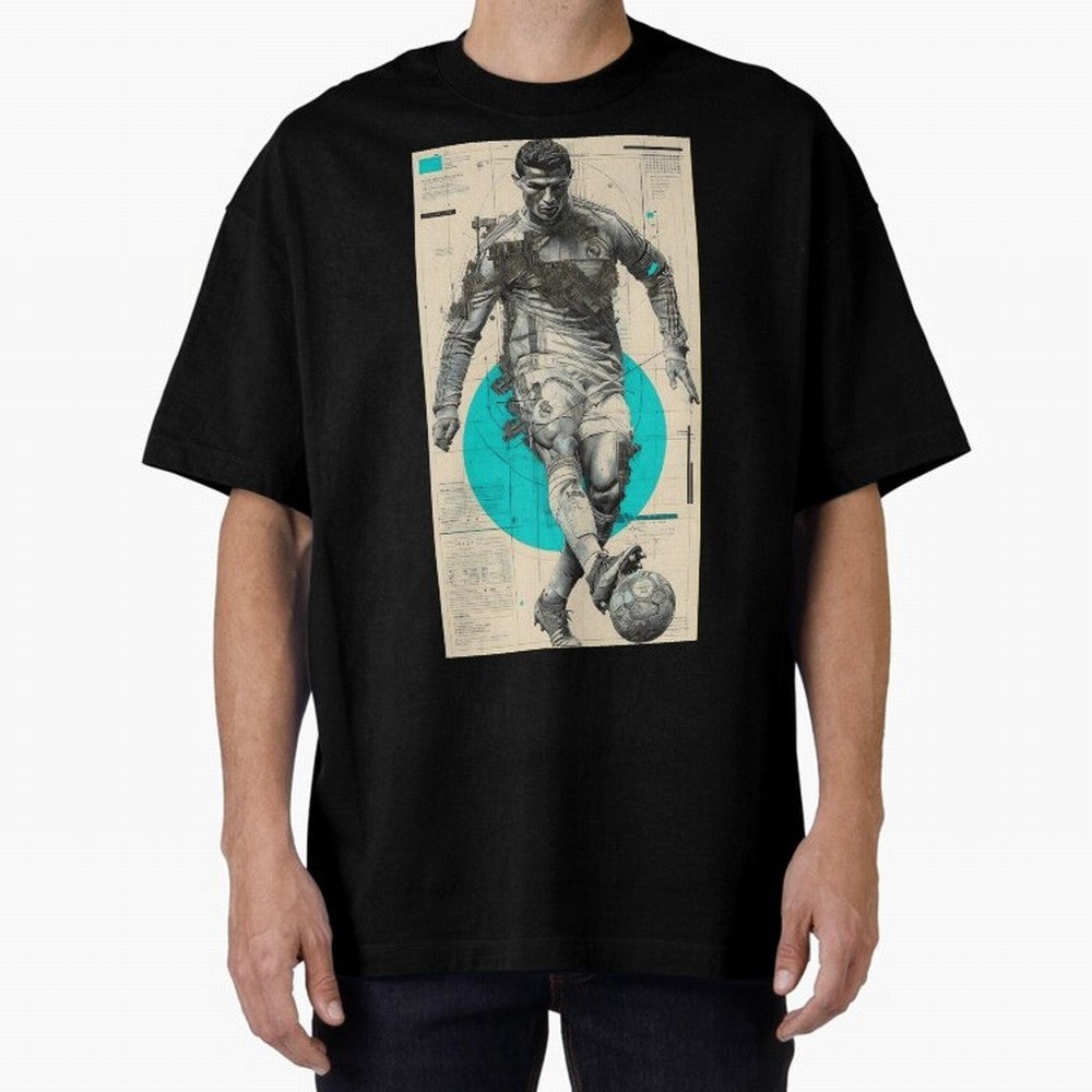 Futuristic Cristiano Ronaldo Illustration ¨C Cyber-Tech Football Art Oversized T-Shirt Share the Excitement of FIFA World Cup 2026 for Fans of Messi and England and Germany, Bringing Football Festival Excitement, Trophy Ambitions, Country Rivalries