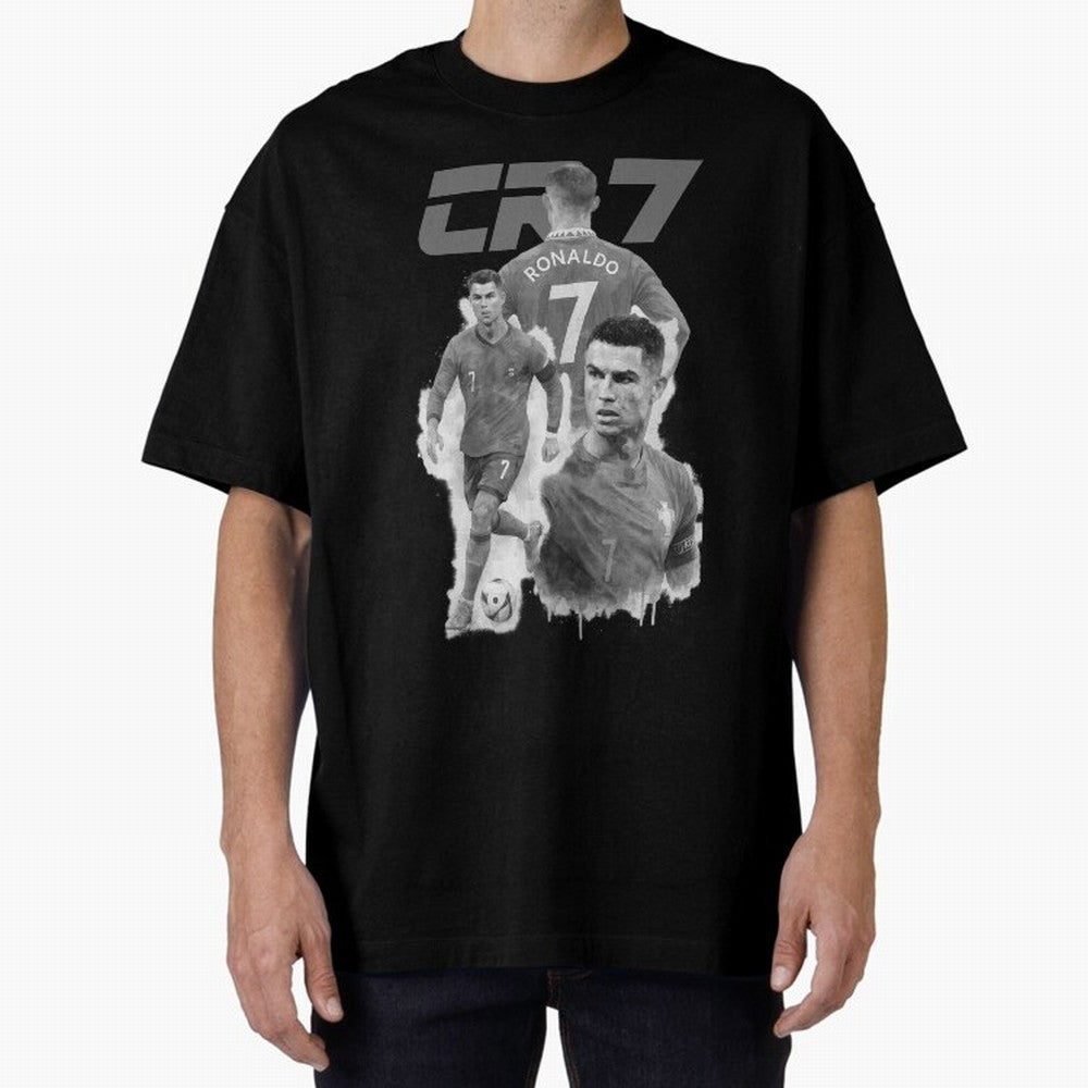CR7 Cristiano Ronaldo illustration ink black white watercolour Oversized T-Shirt Stand with FIFA World Cup 2026 USA Canada Mexico Spirit, Connected to France and Portugal, Messi, Neymar and Mbappe, Vintage Soccer Flavor, Modern Football Stars,