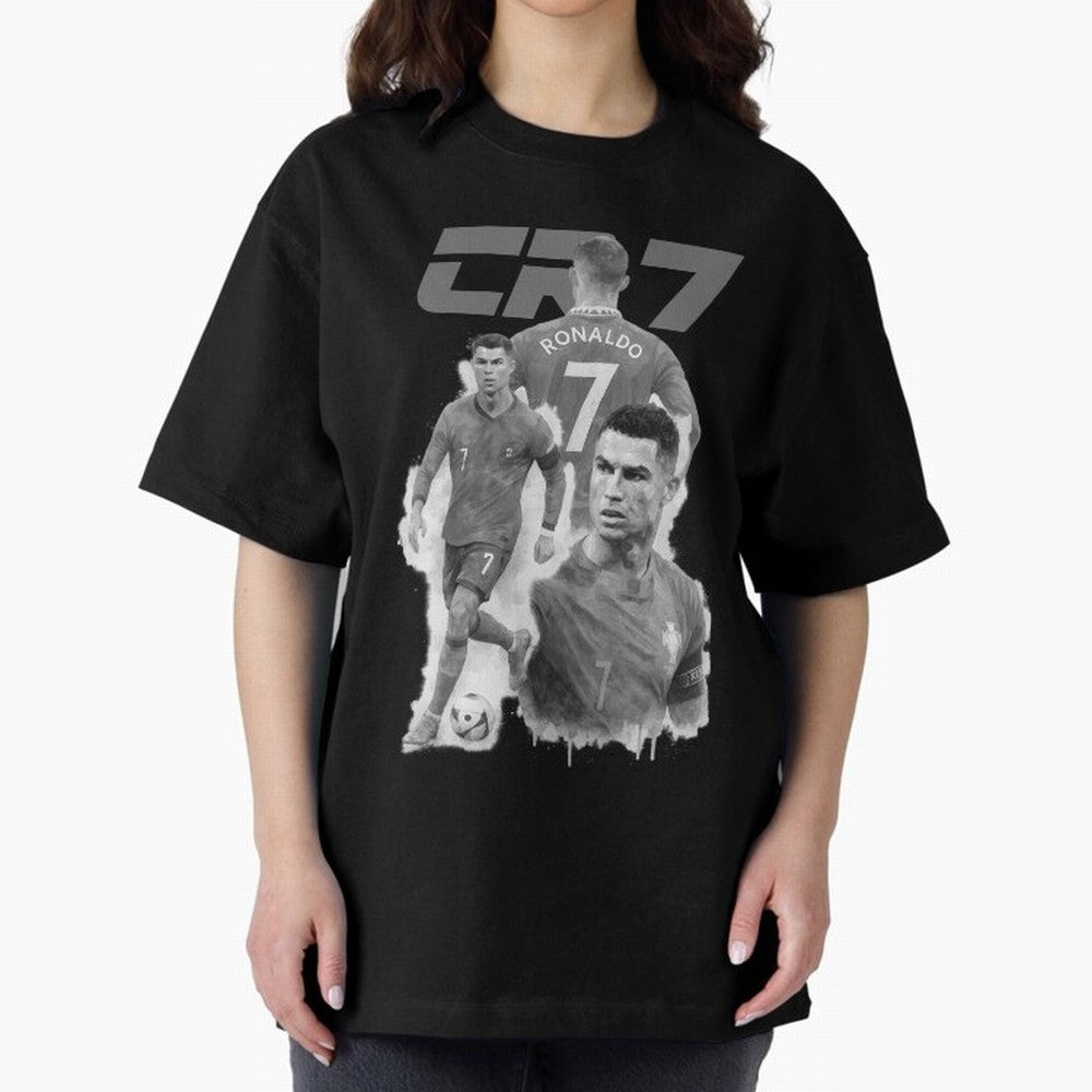 CR7 Cristiano Ronaldo illustration ink black white watercolour Oversized T-Shirt Stand with FIFA World Cup 2026 USA Canada Mexico Spirit, Connected to France and Portugal, Messi, Neymar and Mbappe, Vintage Soccer Flavor, Modern Football Stars,