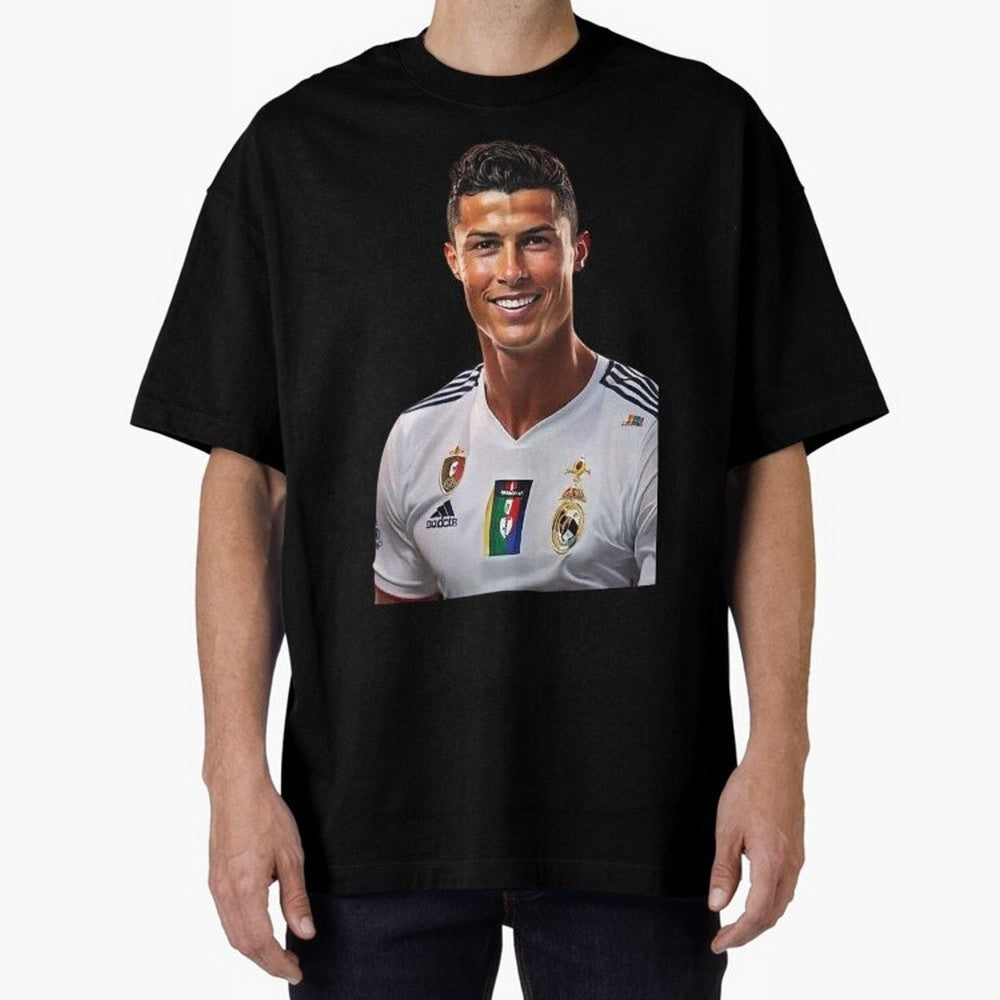smiling Cristiano Ronaldo Oversized T-Shirt Feel the Trophy Chase of Global Football Passion for FIFA World Cup 2026 Group Stage, Filled with Messi, Neymar and Mbappe, England, France and Netherlands, Football History, Final Match Energy, Crowd
