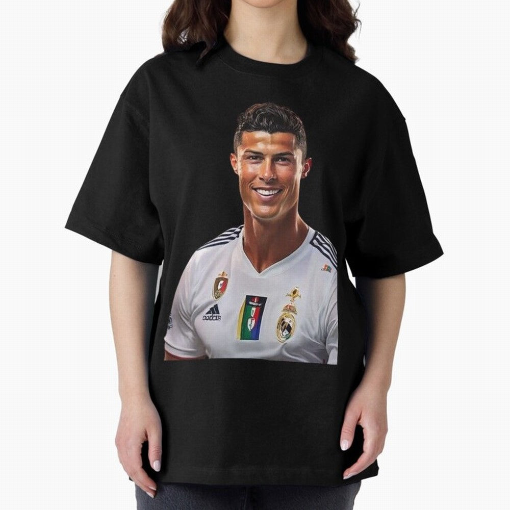 smiling Cristiano Ronaldo Oversized T-Shirt Feel the Trophy Chase of Global Football Passion for FIFA World Cup 2026 Group Stage, Filled with Messi, Neymar and Mbappe, England, France and Netherlands, Football History, Final Match Energy, Crowd