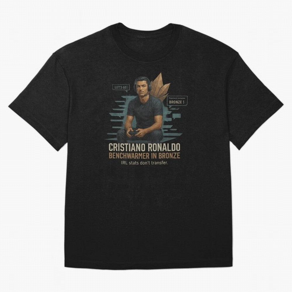 Cristiano Ronaldo Bronze Gamer ¨C Benchwarmers IRL Stats Don¡¯t Transfer Oversized T-Shirt Elevate Match Day Hype around FIFA World Cup 2026, Cristiano Ronaldo, Haaland and CR7, England, France and Netherlands, Stadium Chants, National Pride,