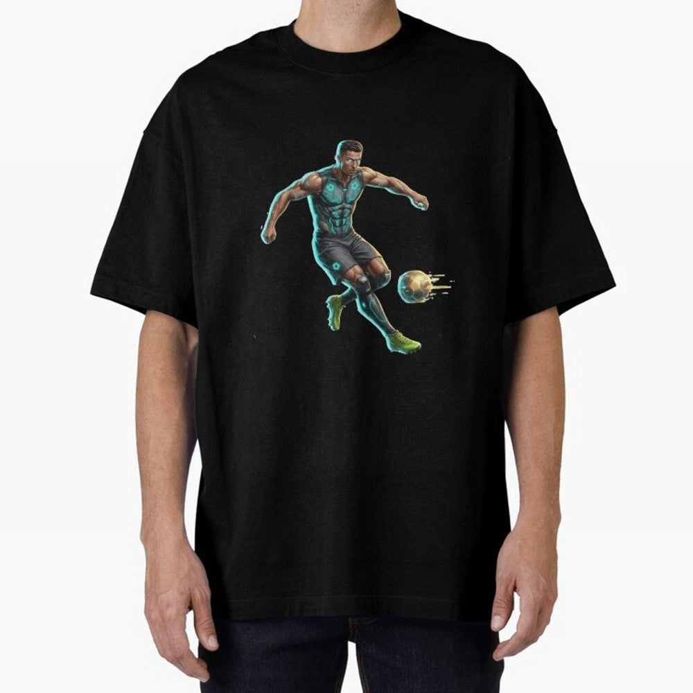 Cyberpunk Cristiano Ronaldo: Futuristic CR7 Kicking Glowing Soccer Ball Fan Art Oversized T-Shirt Fuel Your Fan Pride for Global Football Passion for FIFA World Cup 2026 USA Canada Mexico, with Messi, Neymar and Mbappe, Argentina, France and
