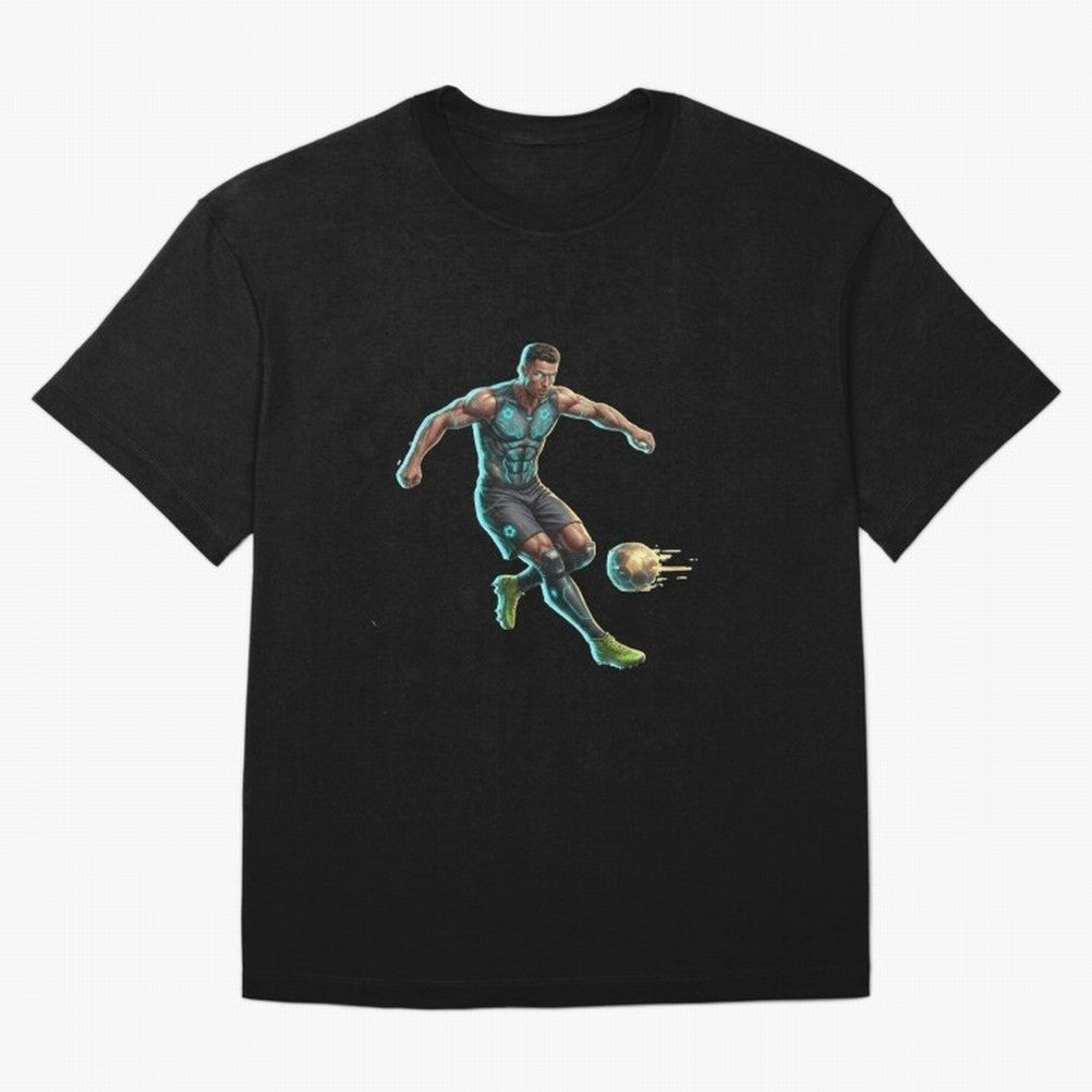 Cyberpunk Cristiano Ronaldo: Futuristic CR7 Kicking Glowing Soccer Ball Fan Art Oversized T-Shirt Fuel Your Fan Pride for Global Football Passion for FIFA World Cup 2026 USA Canada Mexico, with Messi, Neymar and Mbappe, Argentina, France and