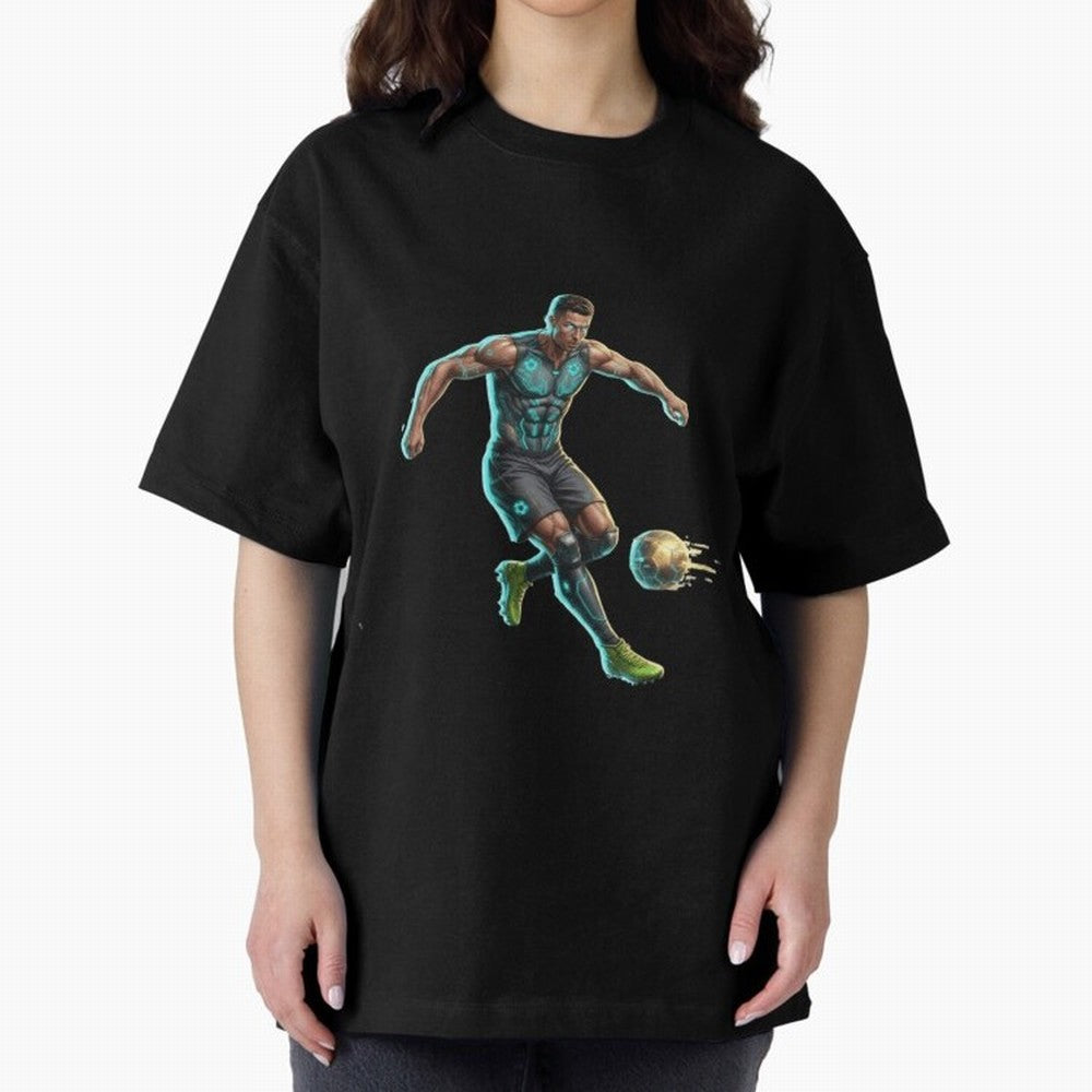 Cyberpunk Cristiano Ronaldo: Futuristic CR7 Kicking Glowing Soccer Ball Fan Art Oversized T-Shirt Fuel Your Fan Pride for Global Football Passion for FIFA World Cup 2026 USA Canada Mexico, with Messi, Neymar and Mbappe, Argentina, France and