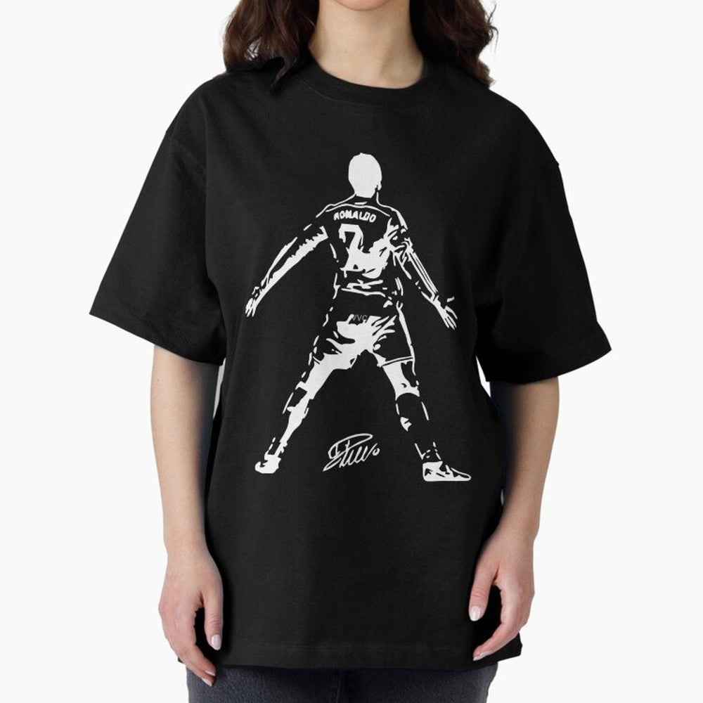 Retro Football Player Celebration Silhouette Artwork For Men And Gift For Soccer Fans Oversized T-Shirt Celebrate the Magic of the FIFA World Cup 2026 Group Stage Journey through Messi and Cristiano Ronaldo Highlights, Argentina, France and Brazil