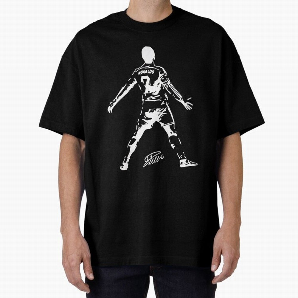 Retro Football Player Celebration Silhouette Artwork For Men And Gift For Soccer Fans Oversized T-Shirt Celebrate the Magic of the FIFA World Cup 2026 Group Stage Journey through Messi and Cristiano Ronaldo Highlights, Argentina, France and Brazil