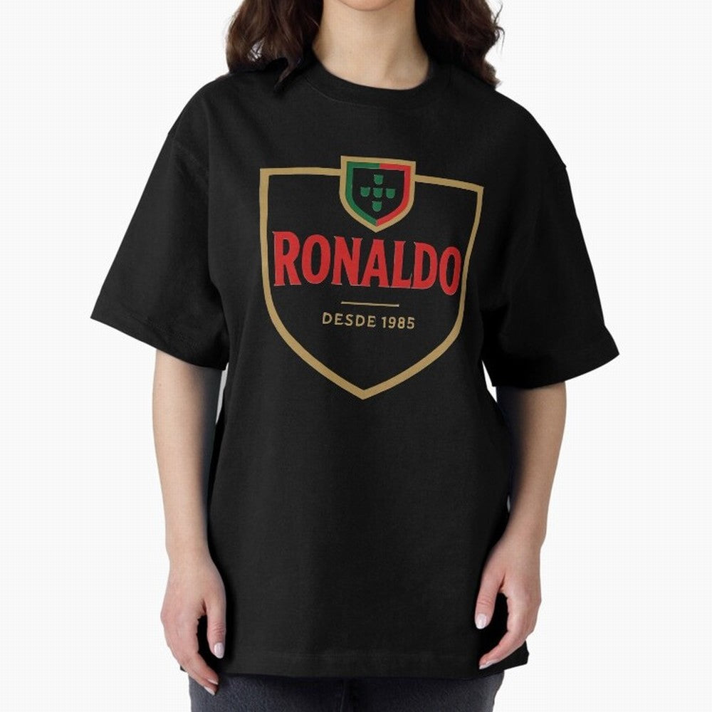 Ronaldo Emblem Sticker ¨C Gold Crest Parody Design Oversized T-Shirt Relive Legendary Nights from Match Day Hype around FIFA World Cup 2026 Group Stage, Mbappe, Netherlands, Classic Soccer Heritage, Championship Pressure, Fan Loyalty and