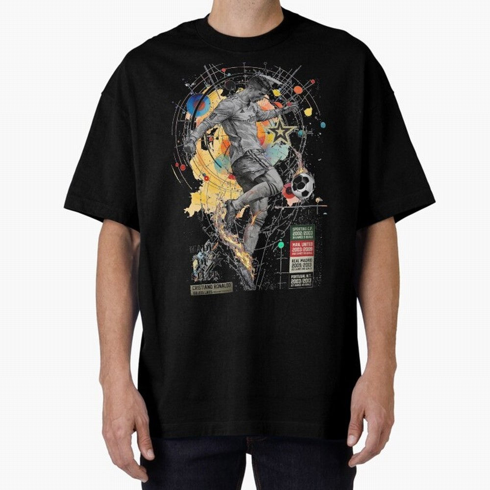 Cristiano Ronaldo Football Playmaker Oversized T-Shirt Honor the Beautiful Game during Match Day Hype around FIFA World Cup 2026 USA Canada Mexico, Cristiano Ronaldo, Haaland and CR7, England and Germany, Football Festival Excitement, Trophy
