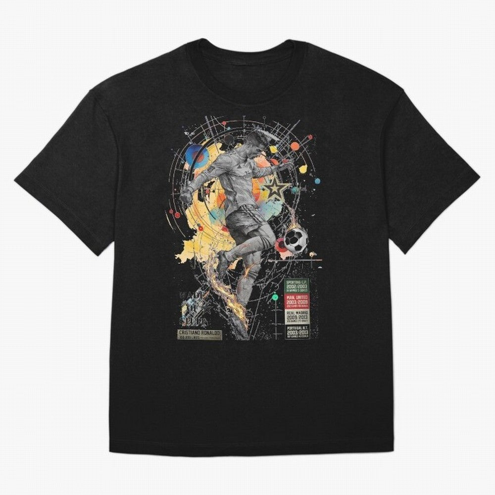 Cristiano Ronaldo Football Playmaker Oversized T-Shirt Honor the Beautiful Game during Match Day Hype around FIFA World Cup 2026 USA Canada Mexico, Cristiano Ronaldo, Haaland and CR7, England and Germany, Football Festival Excitement, Trophy