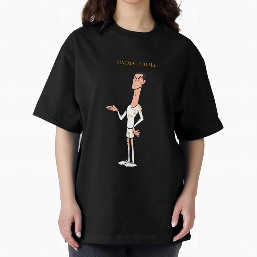 Cristiano Ronaldo ¨C Calma Calma Shirt Celebration (Cartoon) Oversized T-Shirt Experience FIFA World Cup 2026 USA Canada Mexico for Fans of Cristiano Ronaldo, Haaland and CR7 and Spain and Netherlands, Bringing Goal Celebration Energy, Supporter