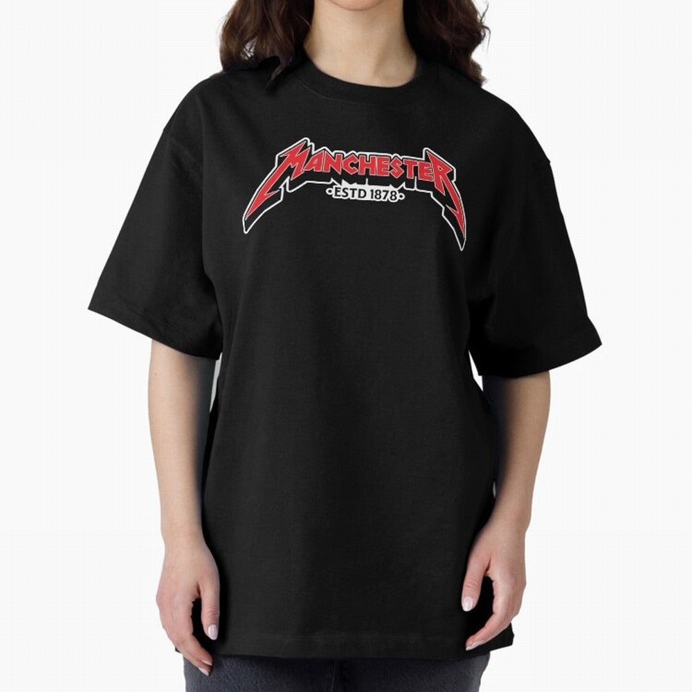 Manchester United Metal Font Oversized T-Shirt Celebrate Fan Culture around FIFA World Cup 2026 Group Stage Connected to Haaland and Mbappe, Brazil, Portugal and Argentina Energy, Stadium Memories, Football Loyalty, International Chants and