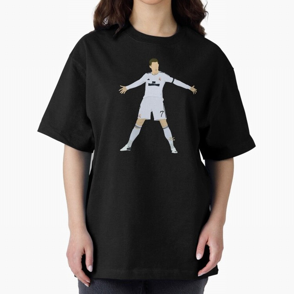 Cristiano Ronaldo celebrates at Real Madrid Oversized T-Shirt Cheer for the FIFA World Cup 2026 Journey through CR7 and Messi Highlights, Argentina Pride, Sports Nostalgia, International Competition, Famous Players and Unforgettable Victories;