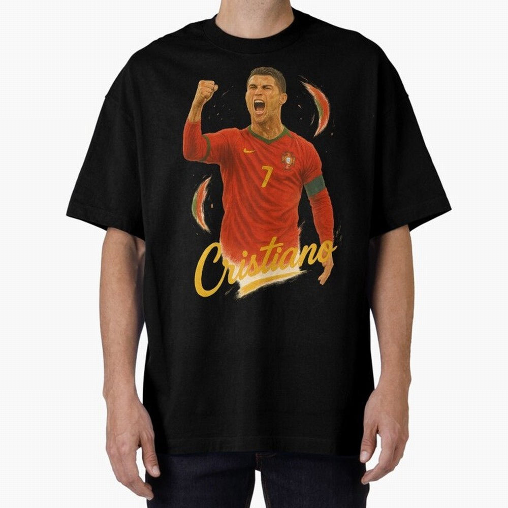 Cristiano Ronaldo Portugal Art ¨C Captain¡¯s Glory Football Tribute	 Oversized T-Shirt Honor the Football Icons of Global Football Passion for FIFA World Cup 2026 USA Canada Mexico, Capturing Mbappe, Brazil, Portugal and Argentina, Sports