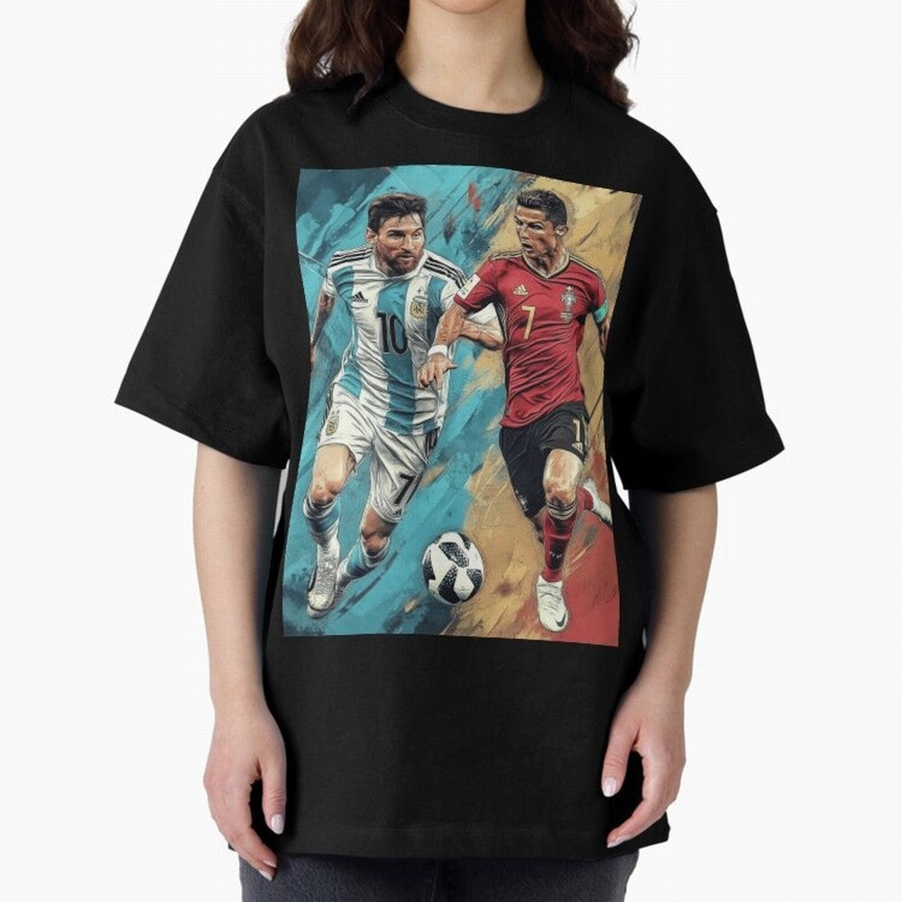 Lionel Messi and Cristiano Ronaldo Oversized T-Shirt Spotlight FIFA World Cup 2026 USA Canada Mexico Spirit, Connected to England, Mbappe, Tournament Hype, Historic Matchups, Family Viewing Parties and Global Sports Pride; Created for Match Day