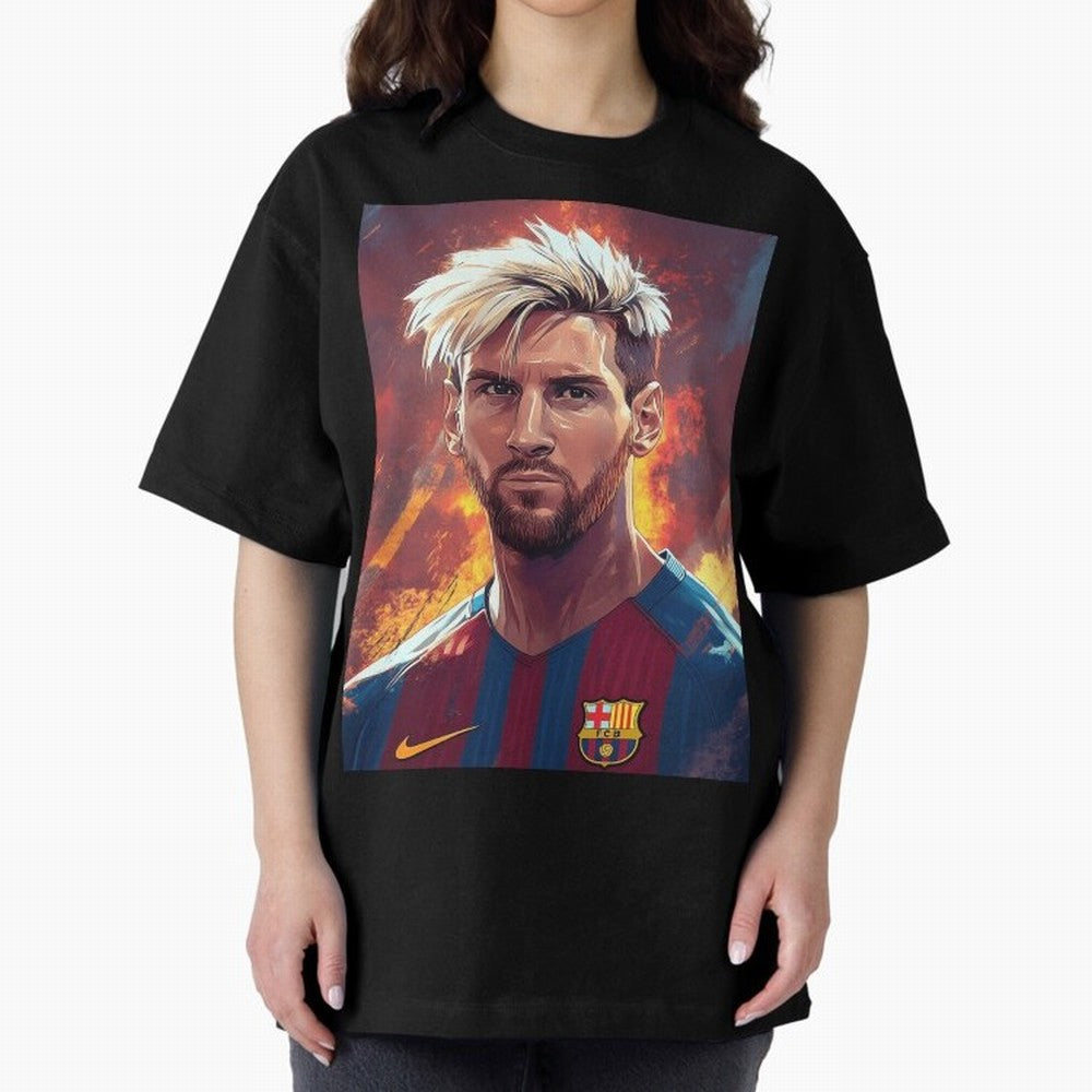 Lionel Messi Oversized T-Shirt Represent the Passion of Global Football Passion for FIFA World Cup 2026, with Messi, CR7 and Mbappe, Brazil, Vintage Soccer Flavor, Modern Football Stars, National Flags and Final Night Emotion; Ideal for Passionate