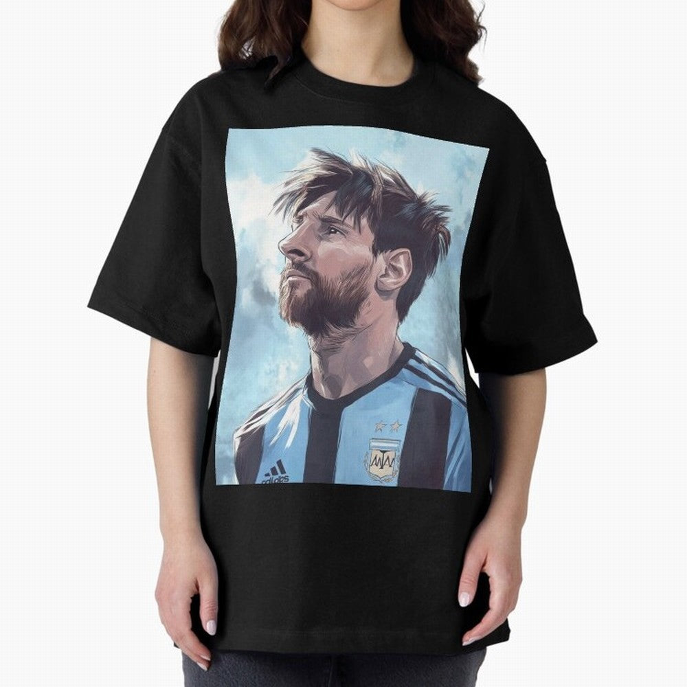 Lionel Messi Oversized T-Shirt Show Fan Pride Across Match Day Hype around FIFA World Cup 2026 Group Stage, Messi and Cristiano Ronaldo, Spain and Netherlands, Sports Nostalgia, International Competition, Famous Players and Unforgettable Victories;