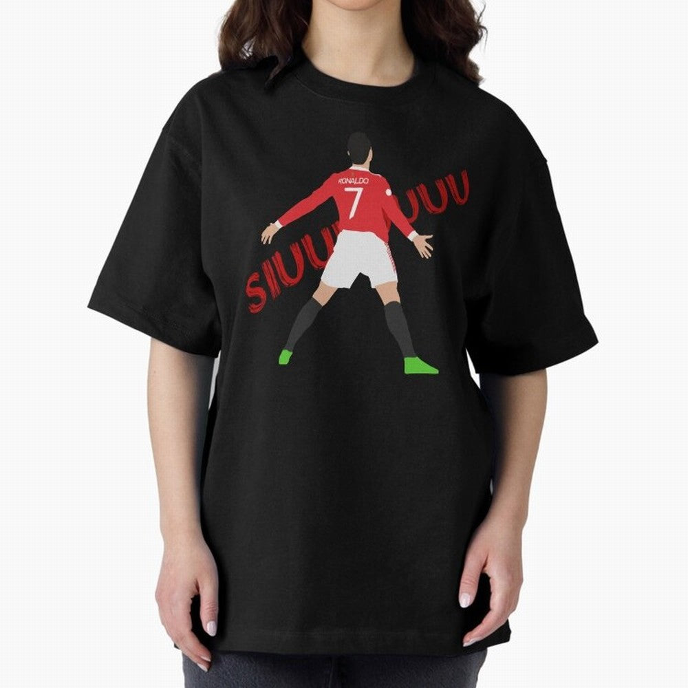 Cristano Ronaldo Celebration Block Art SIUUUU with text Oversized T-Shirt Turn Up for FIFA World Cup 2026 USA Canada Mexico for Fans of CR7 and Messi and Argentina and Brazil, Bringing Fan Favorite Moments, National Team Passion, Big Match Drama