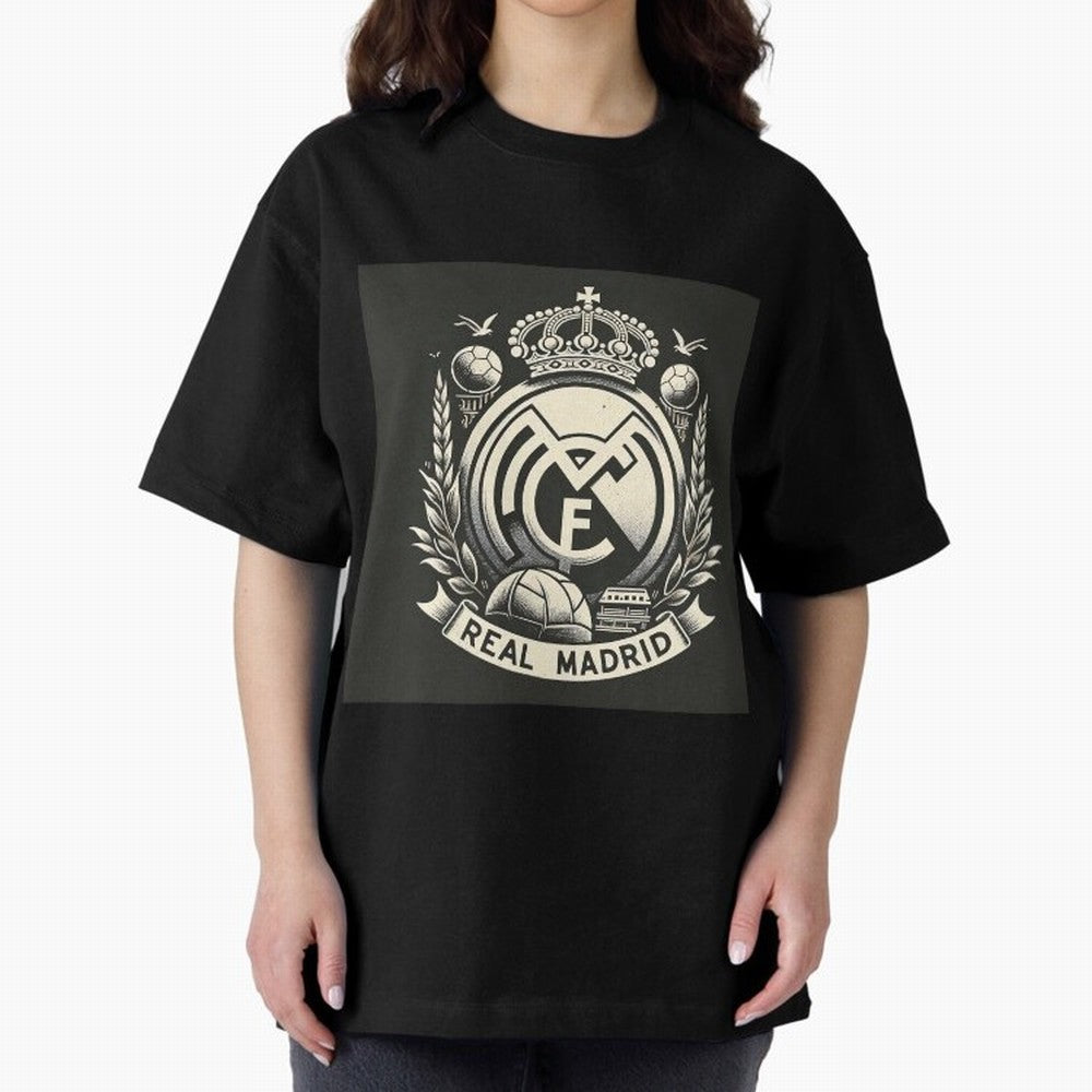 VIntage Style Real Madrid Logo Oversized T-Shirt Honor Football Greatness during FIFA World Cup 2026 for Fans of Messi and Cristiano Ronaldo and Spain and Netherlands, Bringing Global Supporter Spirit, Legendary Goals, National Colors and
