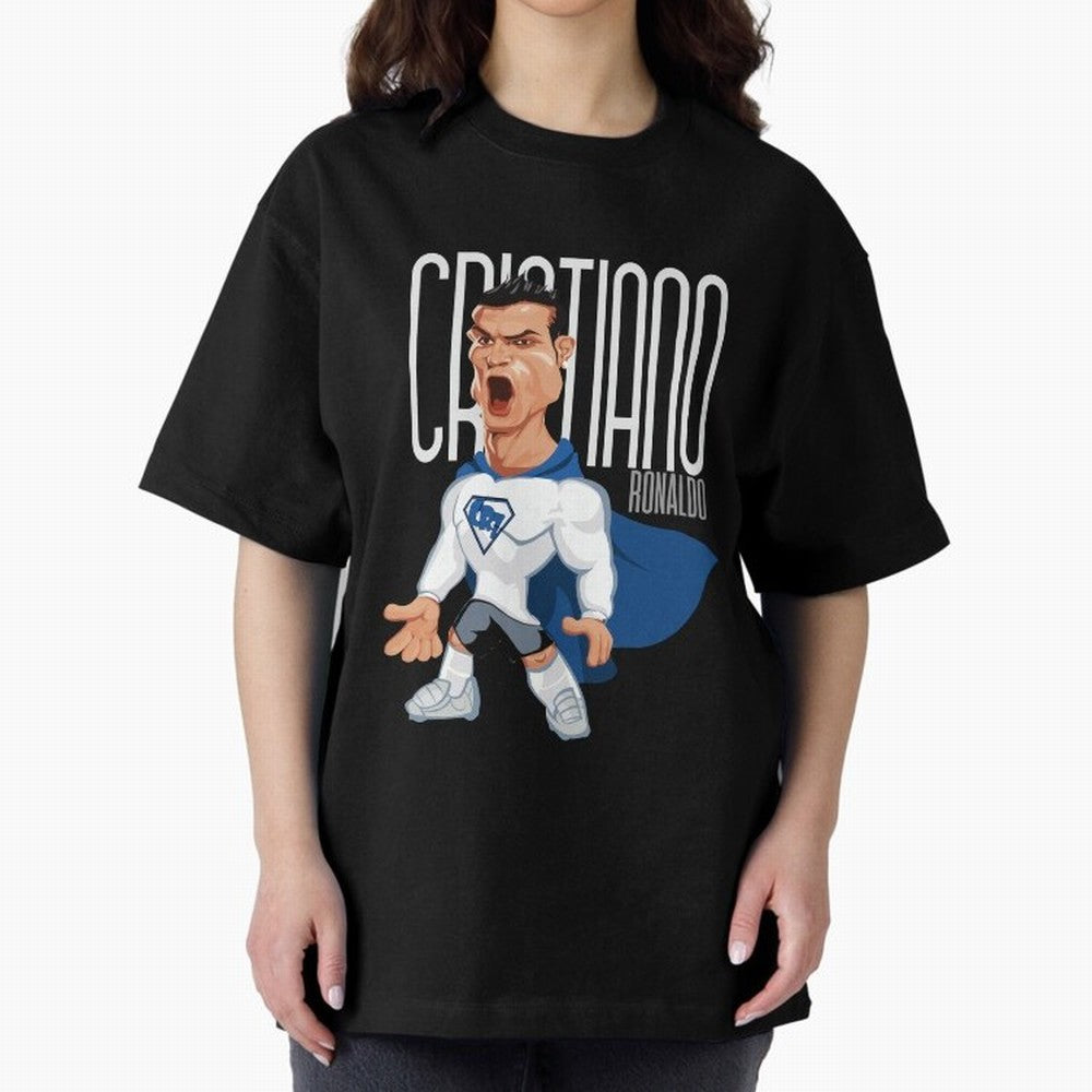 Commic Caricature of Cristiano Ronaldino 'CR7' Oversized T-Shirt Join the Countdown to Global Football Passion for FIFA World Cup 2026 Group Stage, Inspired by Messi, Spain and Netherlands, Classic Soccer Heritage, Championship Pressure, Fan