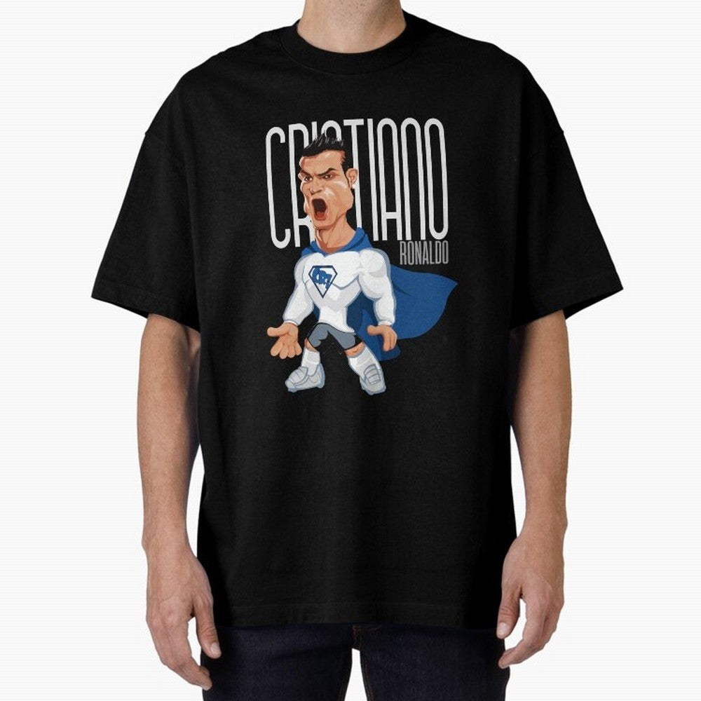 Commic Caricature of Cristiano Ronaldino 'CR7' Oversized T-Shirt Join the Countdown to Global Football Passion for FIFA World Cup 2026 Group Stage, Inspired by Messi, Spain and Netherlands, Classic Soccer Heritage, Championship Pressure, Fan