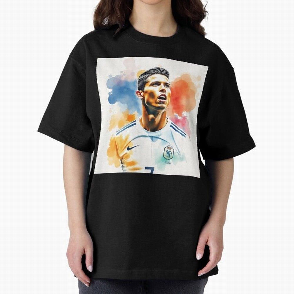 Cristiano Ronaldo Watercolor Panting Oversized T-Shirt Create FIFA World Cup 2026 USA Canada Mexico for Fans of Messi and Germany, Bringing Football Festival Excitement, Trophy Ambitions, Country Rivalries and Star Player Buzz; Great for Supporters