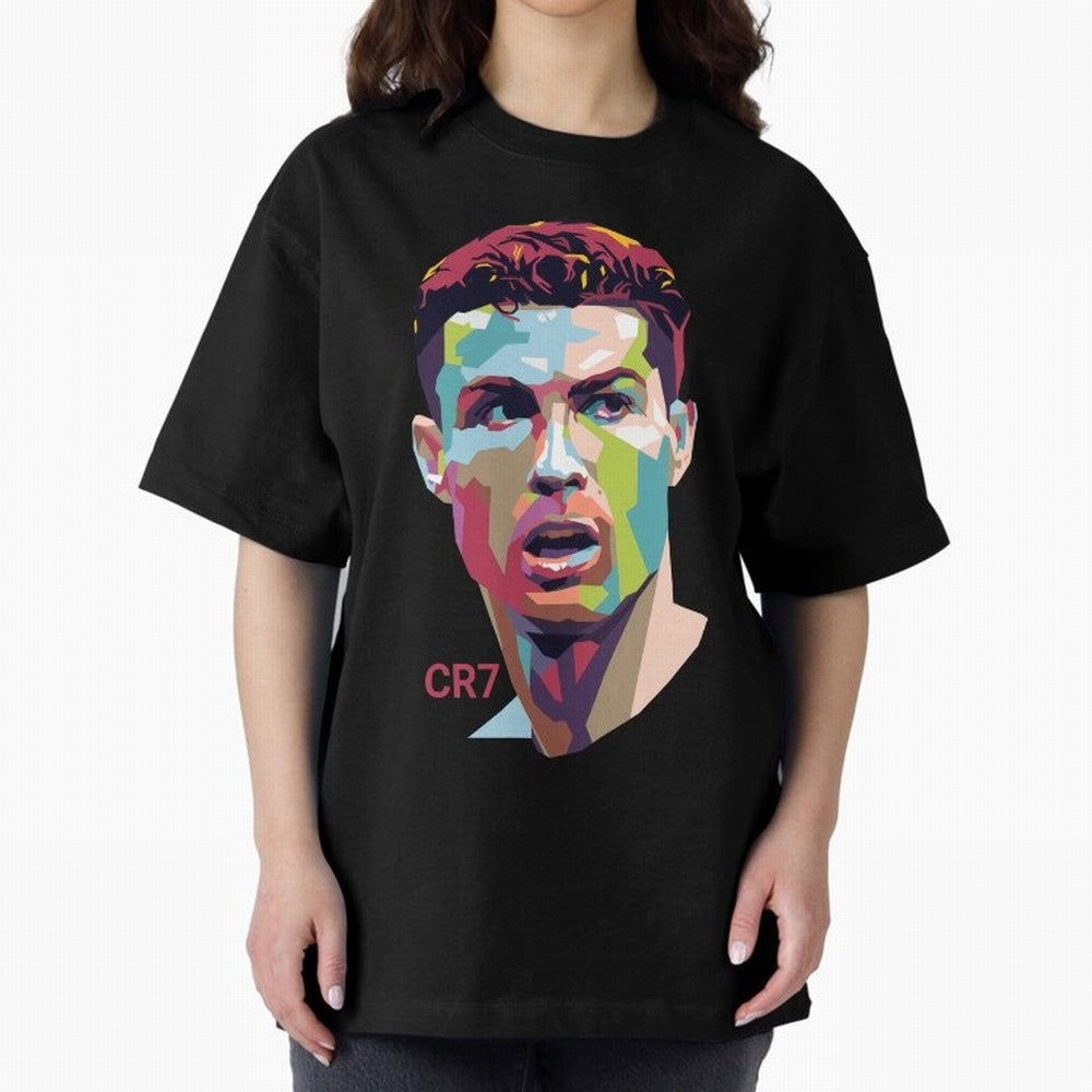 Cristiano Ronaldo Pop Art Portrait Oversized T-Shirt Represent the Passion of FIFA World Cup 2026 Group Stage for Fans of Messi and Cristiano Ronaldo and Argentina and Brazil, Bringing Worldwide Fan Energy, Dramatic Goals, Stadium Lights and