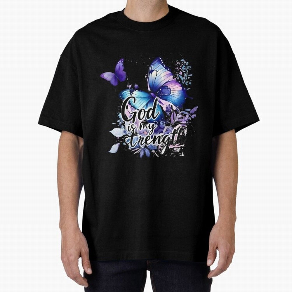 God is My Strength - Blue Butterfly Watercolor Art Oversized T-Shirt Live the Energy of Global Football Passion for FIFA World Cup 2026 Group Stage, Built around Haaland, Brazil, Sports Nostalgia, International Competition, Famous Players and