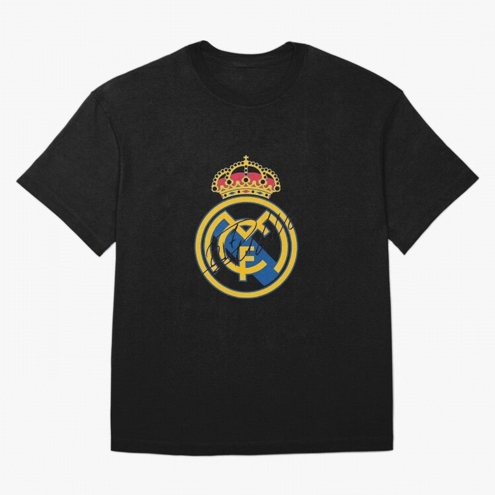 Real Madrid C.F. crest with Cristiano Ronaldo's autograph Oversized T-Shirt Celebrate National Team Dreams in FIFA World Cup 2026 Spirit, with France, Messi, Vintage Soccer Flavor, Modern Football Stars, National Flags and Final Night Emotion; Made