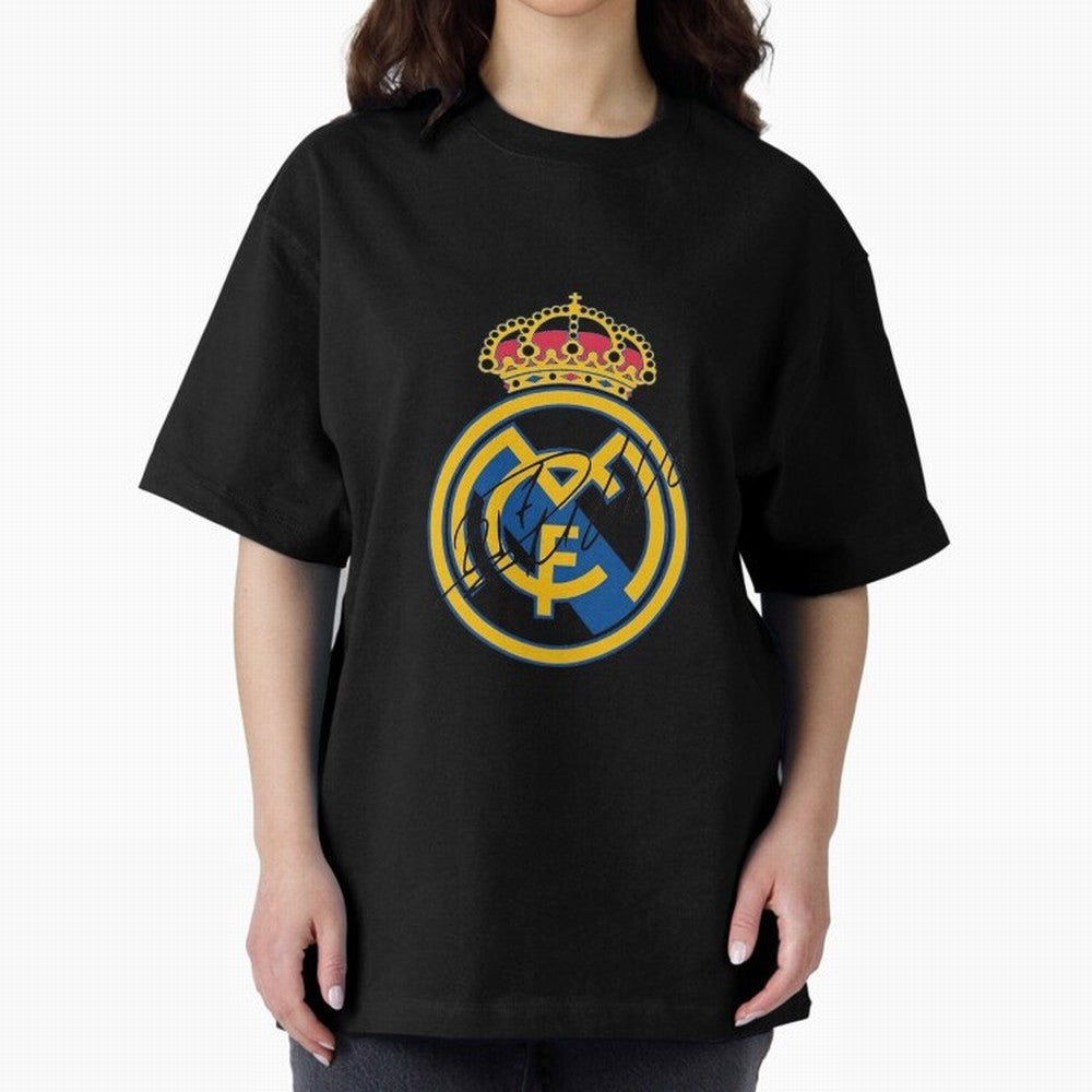 Real Madrid C.F. crest with Cristiano Ronaldo's autograph Oversized T-Shirt Celebrate National Team Dreams in FIFA World Cup 2026 Spirit, with France, Messi, Vintage Soccer Flavor, Modern Football Stars, National Flags and Final Night Emotion; Made
