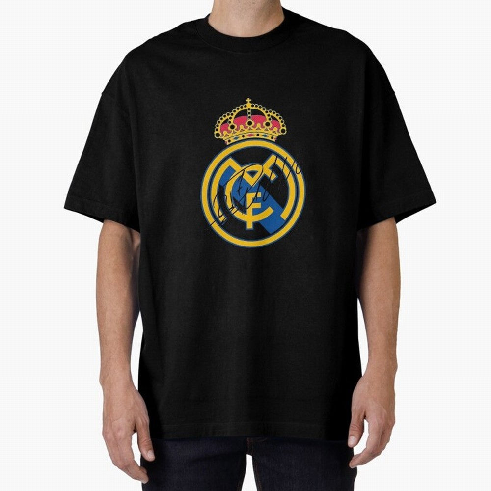 Real Madrid C.F. crest with Cristiano Ronaldo's autograph Oversized T-Shirt Celebrate National Team Dreams in FIFA World Cup 2026 Spirit, with France, Messi, Vintage Soccer Flavor, Modern Football Stars, National Flags and Final Night Emotion; Made