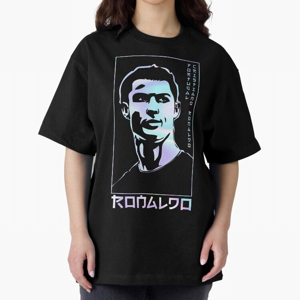 Ronaldo holographic Style Portrait art illustration Oversized T-Shirt Celebrate Classic Football Spirit in FIFA World Cup 2026 Group Stage for Fans of Messi and Brazil, Bringing Goal Celebration Energy, Supporter Heritage, Football Icons and