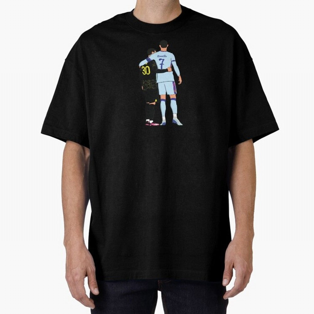 Messi and Ronaldo Reunion Illustration Oversized T-Shirt Honor Football Greatness during FIFA World Cup 2026 Spirit, Made for France, Mbappe, Goal Celebration Energy, Supporter Heritage, Football Icons and Worldwide Tournament Joy; Ideal for Fans