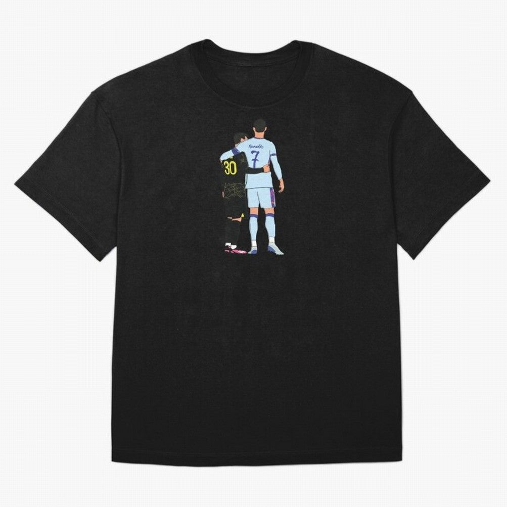 Messi and Ronaldo Reunion Illustration Oversized T-Shirt Honor Football Greatness during FIFA World Cup 2026 Spirit, Made for France, Mbappe, Goal Celebration Energy, Supporter Heritage, Football Icons and Worldwide Tournament Joy; Ideal for Fans