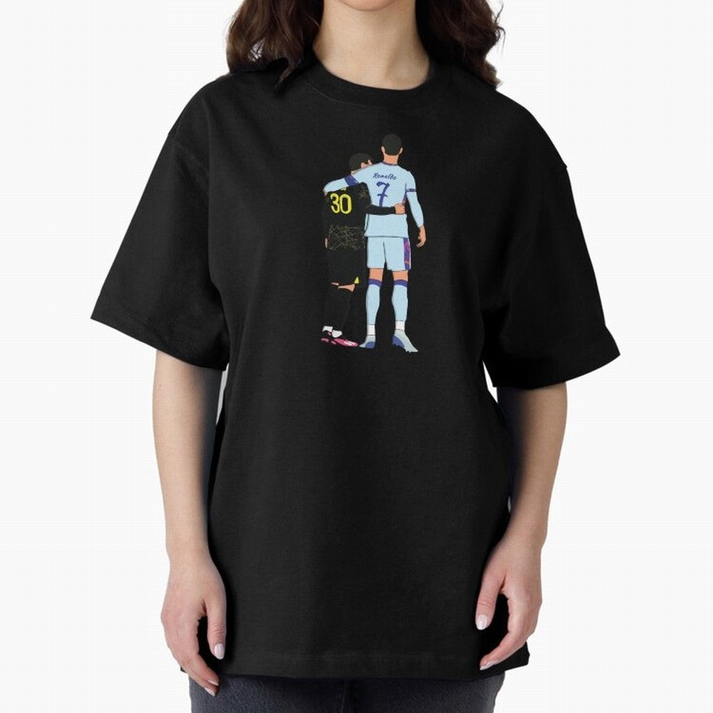 Messi and Ronaldo Reunion Illustration Oversized T-Shirt Honor Football Greatness during FIFA World Cup 2026 Spirit, Made for France, Mbappe, Goal Celebration Energy, Supporter Heritage, Football Icons and Worldwide Tournament Joy; Ideal for Fans