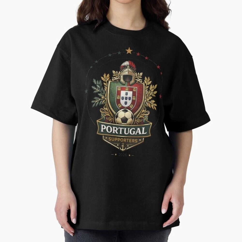 Portugal 2026 Football Crest ¨C Portuguese Soccer Supporters Pride Design Oversized T-Shirt Share FIFA World Cup 2026 USA Canada Mexico Filled with Haaland and Mbappe, Argentina and Brazil Energy, Football Festival Excitement, Trophy Ambitions,